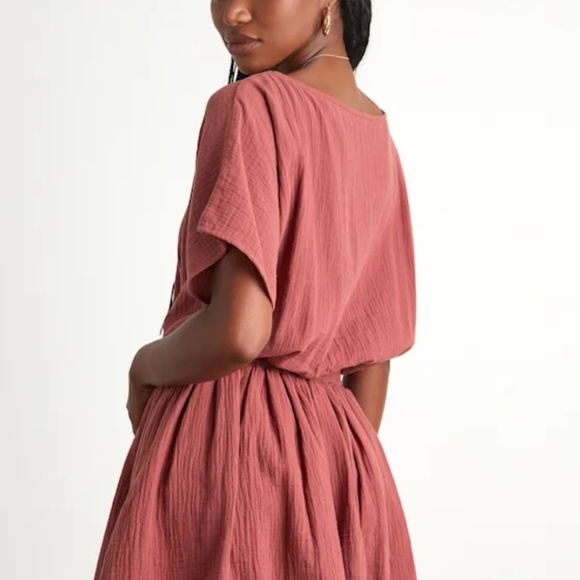 Lulus Aevorn Rusty Rose Gauzy Short Sleeve Mini Dress Pink - Size L - Picture 5 of 6